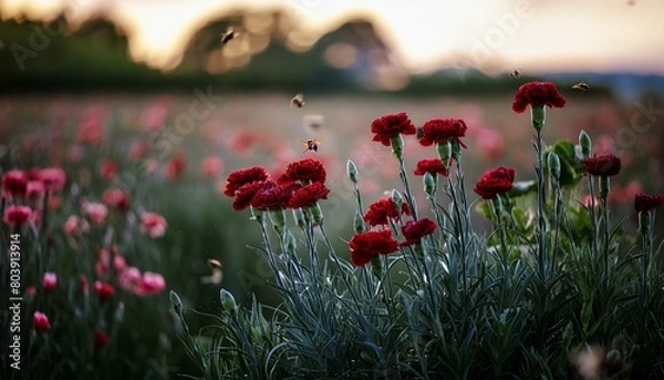 Obraz Red carnation detailed matte painting, in a field of flowers, bees buzzing, flower, nature, flowers, plant, garden, spring, pink, red, blossom, summer, bloom, beauty, flora, yellow, macro