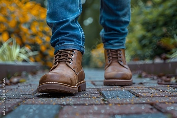 Fototapeta Close-up of a person wearing leather shoes and old jeans walking alone on the sidewalk. Suitable for the concept of unemployment, going on adventures, independence, Finding myself, seeking experience.