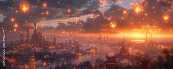 Obraz Foggy panorama of the city at sunset. 3d rendering