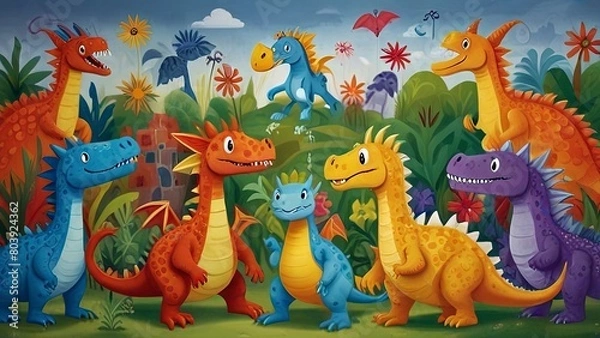 Fototapeta Whimsical Cartoon Dragon and Dinosaur Friends Banner for Kids' Spaces