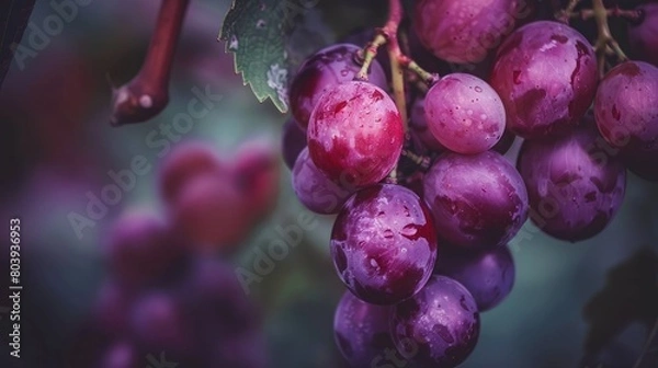 Fototapeta Close-up of a cluster of juicy purple grapes hanging from a vine, showcasing nature's bounty.