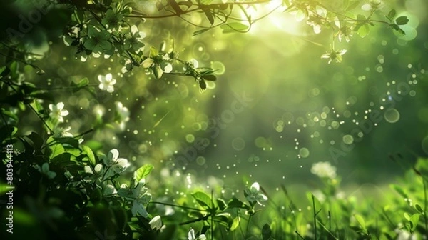 Fototapeta Defocused green trees in forest or park with wild grass and sun beams. Beautiful summer spring natural background.