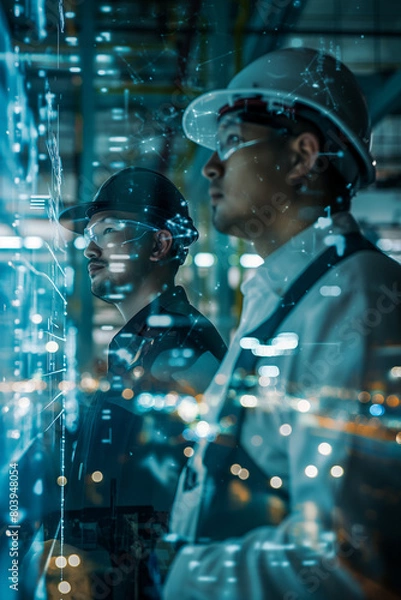 Fototapeta Futuristic technology concept: Team of engineers and professional Workers in heavy industry manufacturing factory that is digitalized with graphics into digital twin of industry