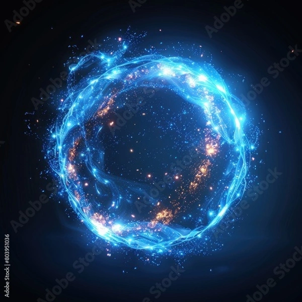 Fototapeta Midnight blue circle of shiny glowing dust spots, clear magic effect with digital, futuristic, technology concept