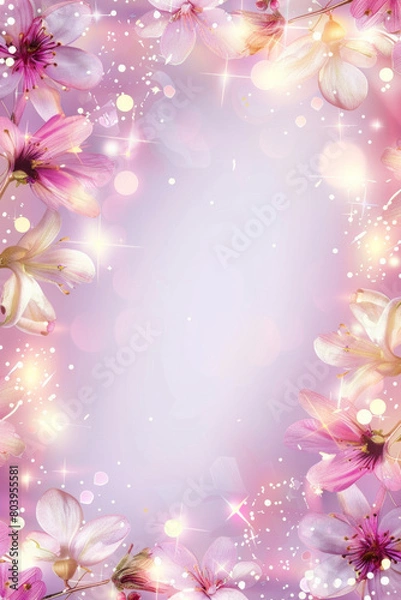 Fototapeta Beautiful fairy lights pattern with flowers around the frame with blank center for background