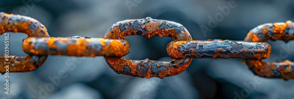 Fototapeta Rusty Chain Links Close Up with Vibrant Orange Rust and Blurred Background