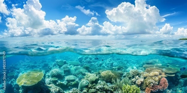 Fototapeta Above and below surface of the Caribbean sea with coral reef underwater and a cloudy blue sky.