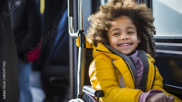 Fototapeta A child in a wheelchair smiling while boarding a bus via a wheelchair lift.