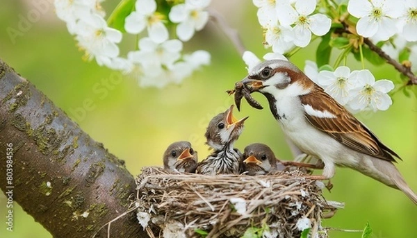 Obraz Sparrow feeding chicks