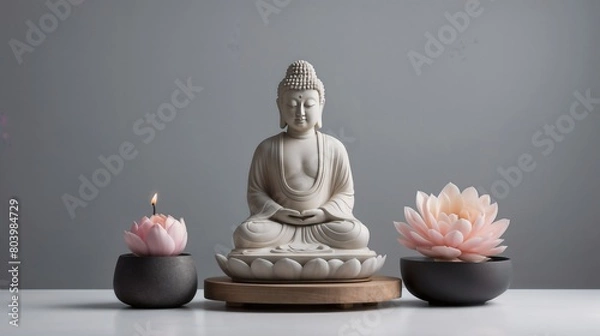 Fototapeta Minimalist Buddha statue in a meditating stance on a flat white backdrop