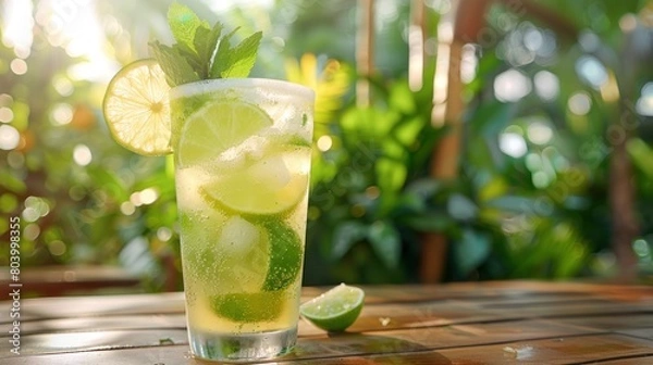 Fototapeta A glass filled with lemonade, lime slices, and fresh mint leaves, creating a cool and invigorating drink