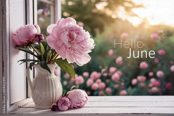 Obraz Hello June greeting text. Pastel pink peony flowers in  a vase, blurred  blooming garden view on background, rustic style. 