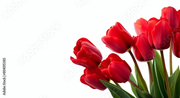 Fototapeta Red tulips bouquet, on white background. Spring and Valentine's Day concept.  Banner with copy space.  Design for greeting card, invitation, poster.