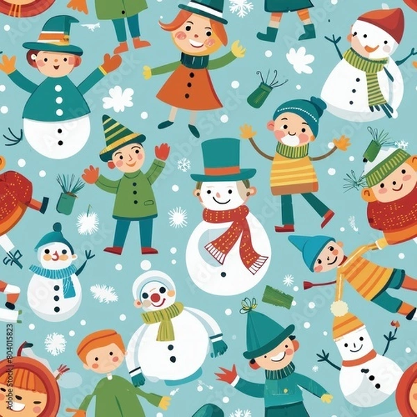 Fototapeta Seamless pattern of children building snowmen and snow angels, Generative AI