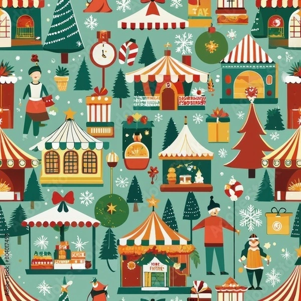 Obraz Seamless pattern of festive holiday markets with stalls selling treats and gifts, Generative AI