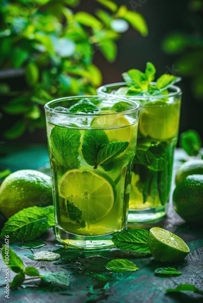 Fototapeta Two glasses filled with refreshing mojito tea, garnished with fresh lime wedges and sprigs of mint
