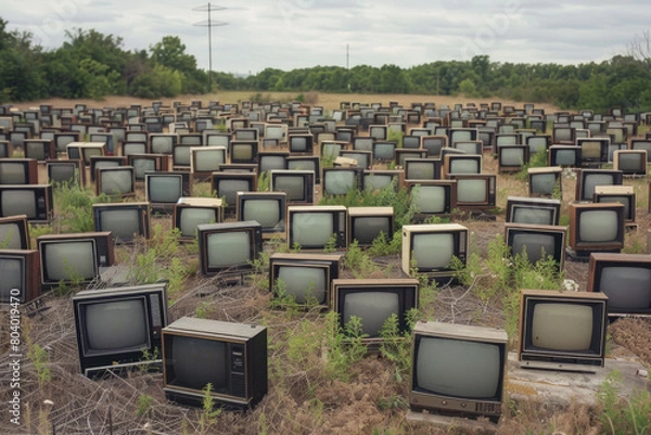 Fototapeta An empty field filled with many classic CRT TVs