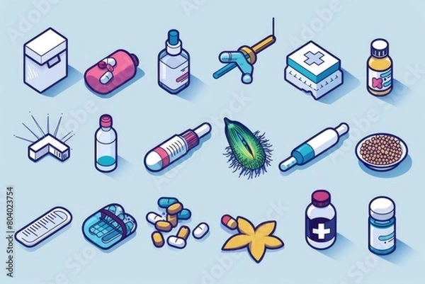Fototapeta Various medical items on a blue backdrop, suitable for healthcare concepts