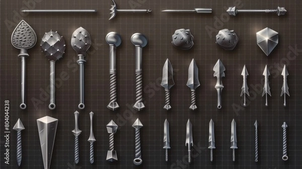 Fototapeta Realistic set of 3d moderns icons featuring nails that were hammered into the wall, pin heads that were hammered into the wall, straight and bent metal hardware spikes or hobnails with grey caps