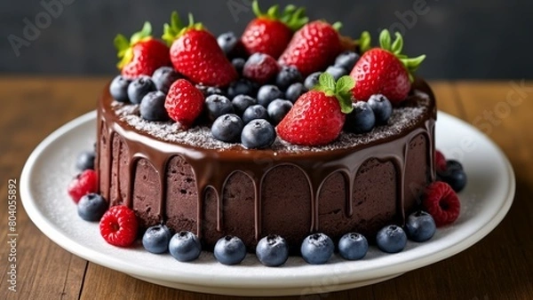 Fototapeta  Deliciously decadent chocolate cake adorned with fresh berries and a dusting of powdered sugar