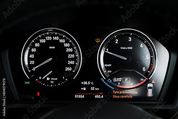 Fototapeta car​ instrument panel, car​ speed motor of​ night, car​ dashboard​ modern​ automobile control​illuminated panel​ speed display.	