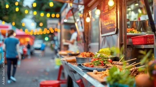 Fototapeta Street food stall in the evening. Blurred background, bokeh. Food truck at a festival in the city in the evening