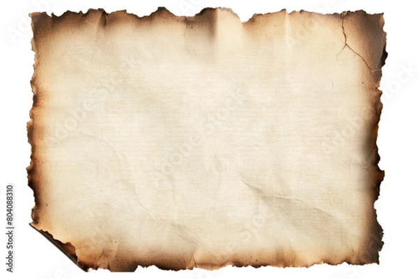 Obraz A sheet of old rough recycled paper with splashes and ragged edges on a white background with a shadow. Copyspace for treasure map design.