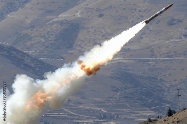 Fototapeta Dramatic image showing a missile launch with a fiery trail of smoke, ascending against a mountainous landscape. Ideal for military and defense themes.