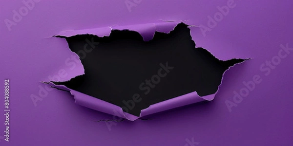 Fototapeta Purple paper with black ripped hole in the middle, flat 2D illustration, background	