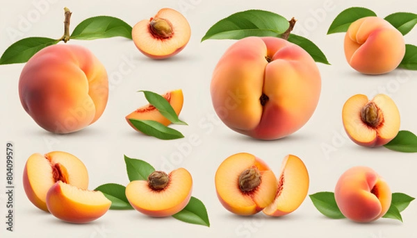 Fototapeta Isolated peach fruits. One whole fresh peach and a half with kernel and leaves