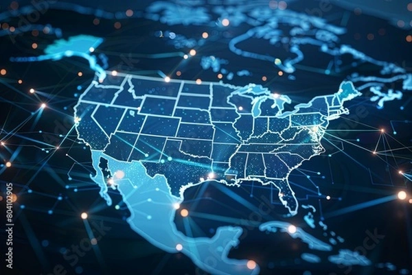 Fototapeta Abstract Concept of US in Global Communication Web: Cyber Network Connectivity Mesh