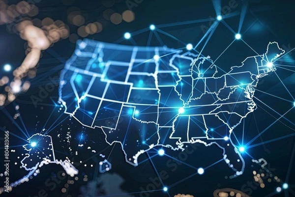 Fototapeta Abstract Global Communication Web Over US Map � Data Exchange and Cyber Technology Network