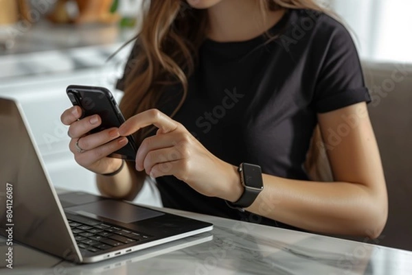 Obraz Modern Woman Working from Home Office with Laptop and Phone