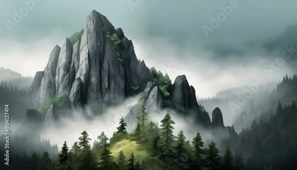 Fototapeta Misty Alpine Peaks. A serene view of fog-shrouded mountains amidst snowy landscapes and lush forests under a cloudy sky