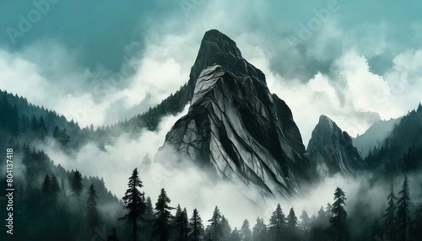 Fototapeta Misty Alpine Peaks. A serene view of fog-shrouded mountains amidst snowy landscapes and lush forests under a cloudy sky