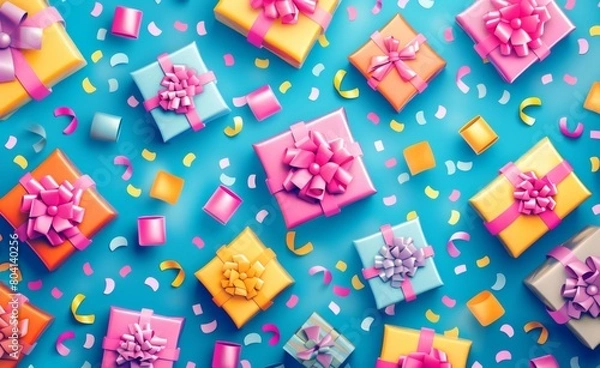 Obraz Assortment of brightly colored gift boxes adorned with creative paper crafts, set against a vibrant blue background, perfect for celebrations and special occasions