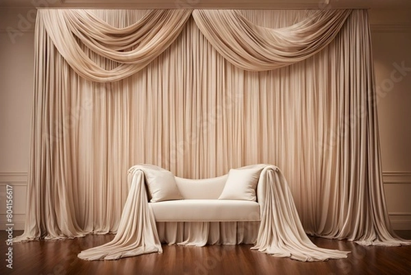 Fototapeta A white couch is draped in curtains and is sitting in front of a wall