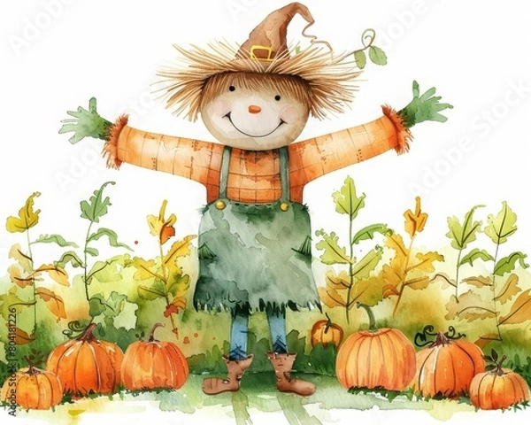 Fototapeta In this watercolor painting, a cheerful scarecrow stands in a pumpkin patch on a sunny fall day, Clipart minimal watercolor isolated on white background