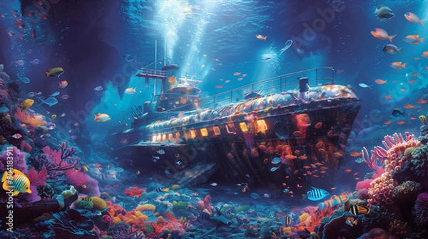 Fototapeta A sunken submarine lies on the ocean floor, surrounded by vibrant coral reefs and swimming fish in an underwater scene