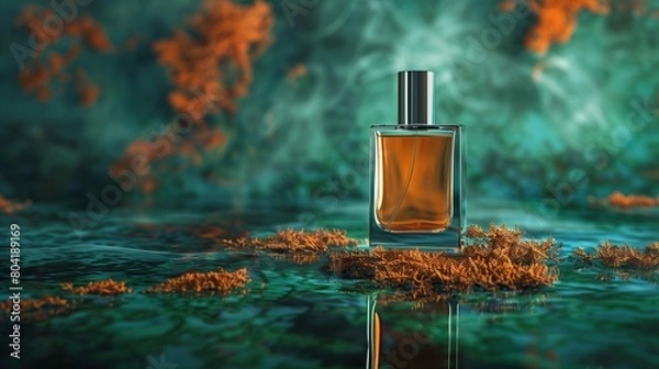 Fototapeta Stylish bottle with perfume against a background of corrals in emerald and rust colors