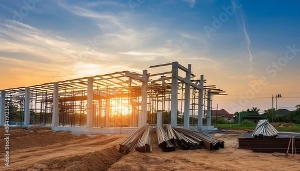 Fototapeta construction site and sunset structural steel beam build large residential buildings. Generative Ai illustration