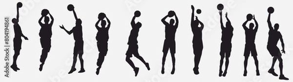 Fototapeta Basketball player. Collection of different basketball players in various pose.  Set of basketball players throwing ball isolated on white background 