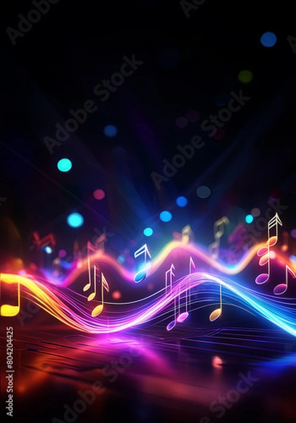 Fototapeta colorful music notes in neon light style with dark background