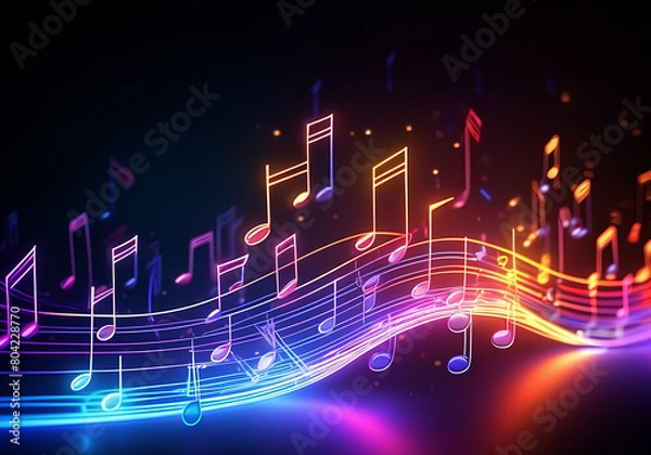 Fototapeta colorful music notes in neon light style with dark background