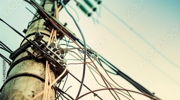 Obraz Macro of tangled wires on a utility pole, illustrating the complexity of electrical distribution networks.