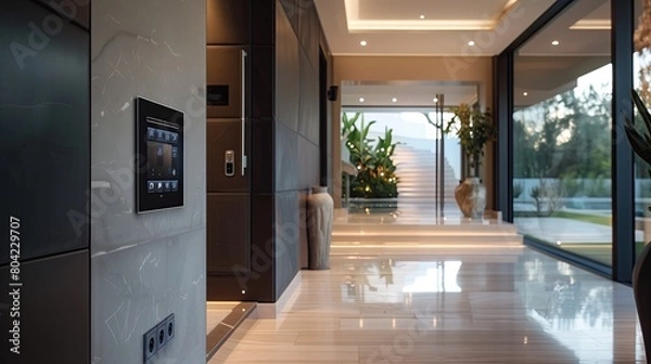 Fototapeta A luxury home entrance with a smart home control panel and a sleek design