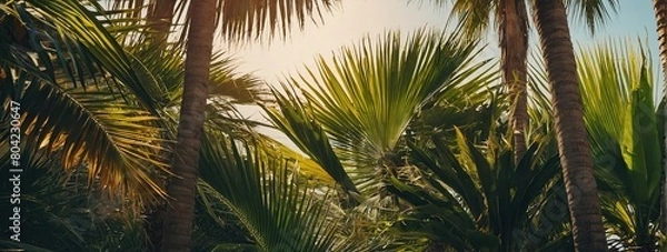 Fototapeta Summertime background with palm trees, summer sun and white brush strokes for your season graphic design, Hot Sunny Days