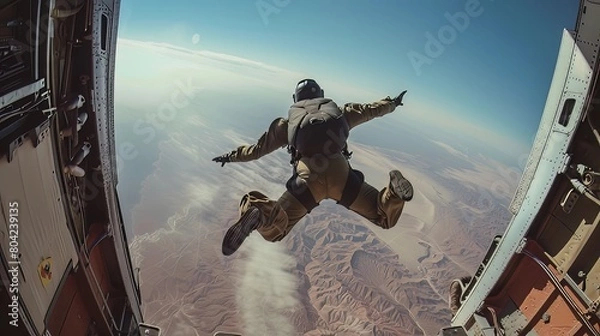 Obraz Skydiving: As the plane door opens, skydivers leap into the vast sky, experiencing the thrill of freefall before their parachutes deploy, guiding them safely to the ground