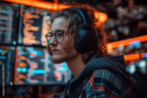 Obraz Young tech innovator in a casual hoodie, headphones draped over, vibrant code screens blurred in the back.. AI generated.