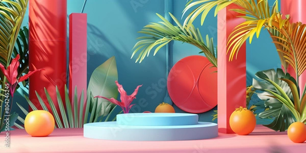 Fototapeta Unique and diverse product display podium, adorned with bright and vibrant tropical colors. Generative AI.